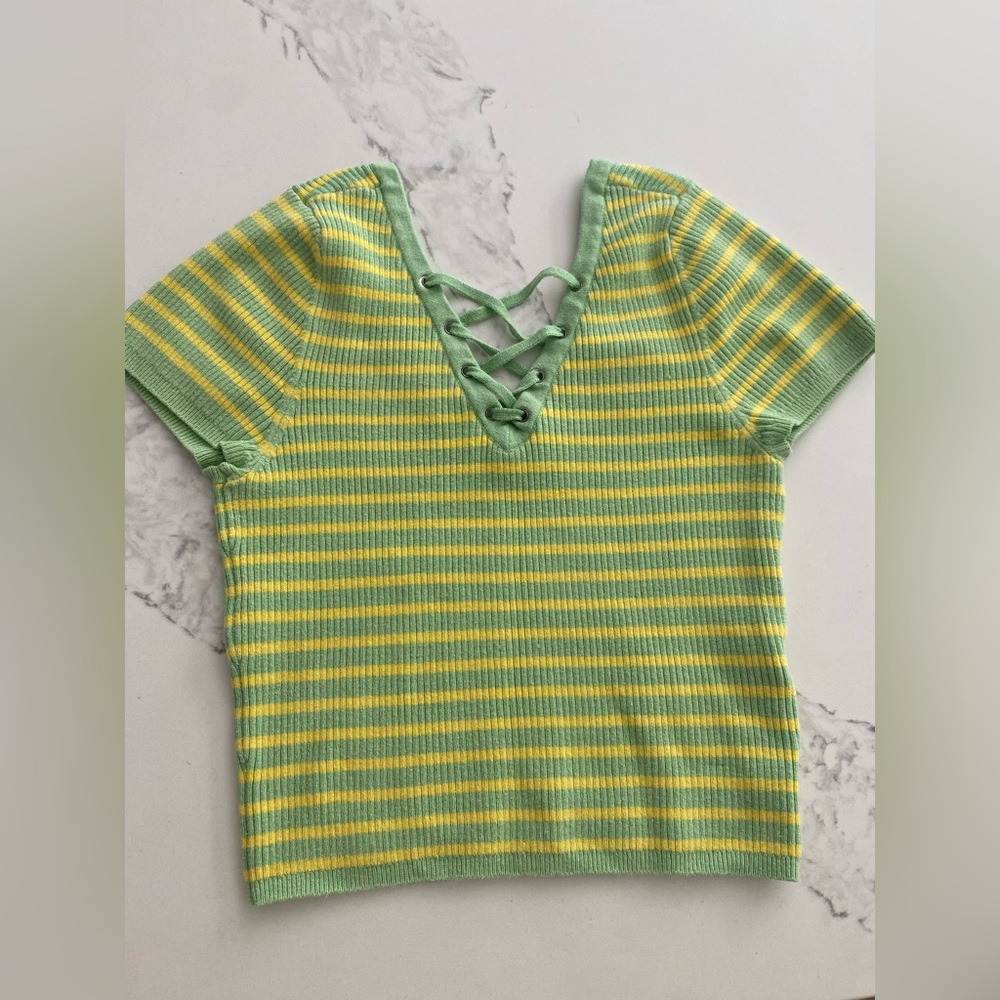 BDG Hurley lace up short sleeve Green and Yellow Striped Tank Top XS Funky